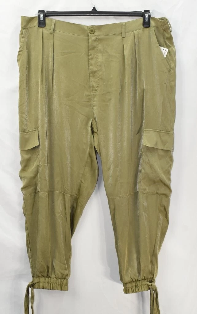 And Now This Women's Plus Size 24W Olive Green Satin Cargo Jogger Pants NWT