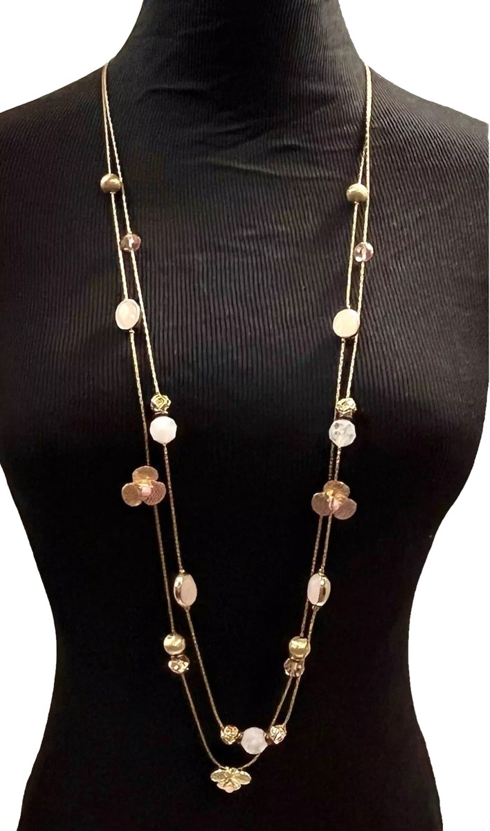 Double Stranded Necklace Pink Gold-toned Spaced Clover Flower Glass  Beads