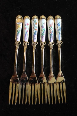 Vintage Formano Besteck Set 6 Dessertgabeln vergoldet mit Keramikgriffen - Bild 1 von 4