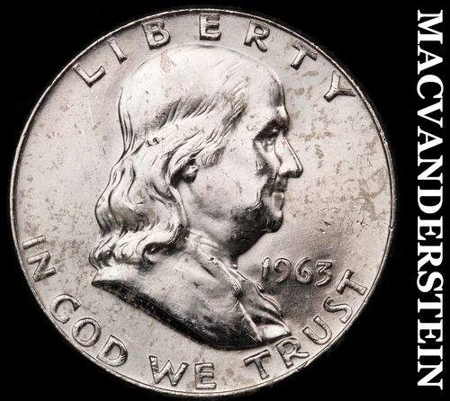 1963-D Silver Franklin Half Dollar - Splotchy  Choice Gem Brilliant Unc  #G8244