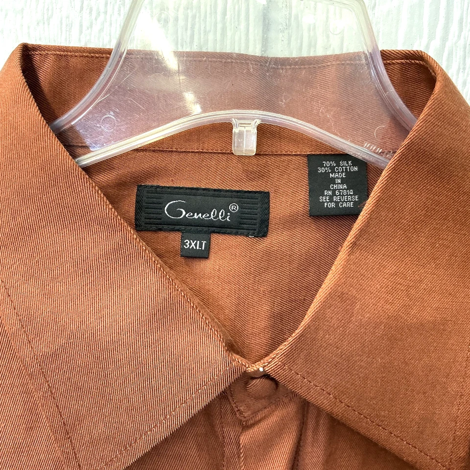 Genelli Shirt Mens 3XLT Brown Long Sleeve Silk Cotton Blend Dress Button Up New - Image 2 of 4