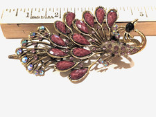 Large Peacock Hair Clip Clasp Gold Metal W/Pink  Multi Colored Rhinestones 5"