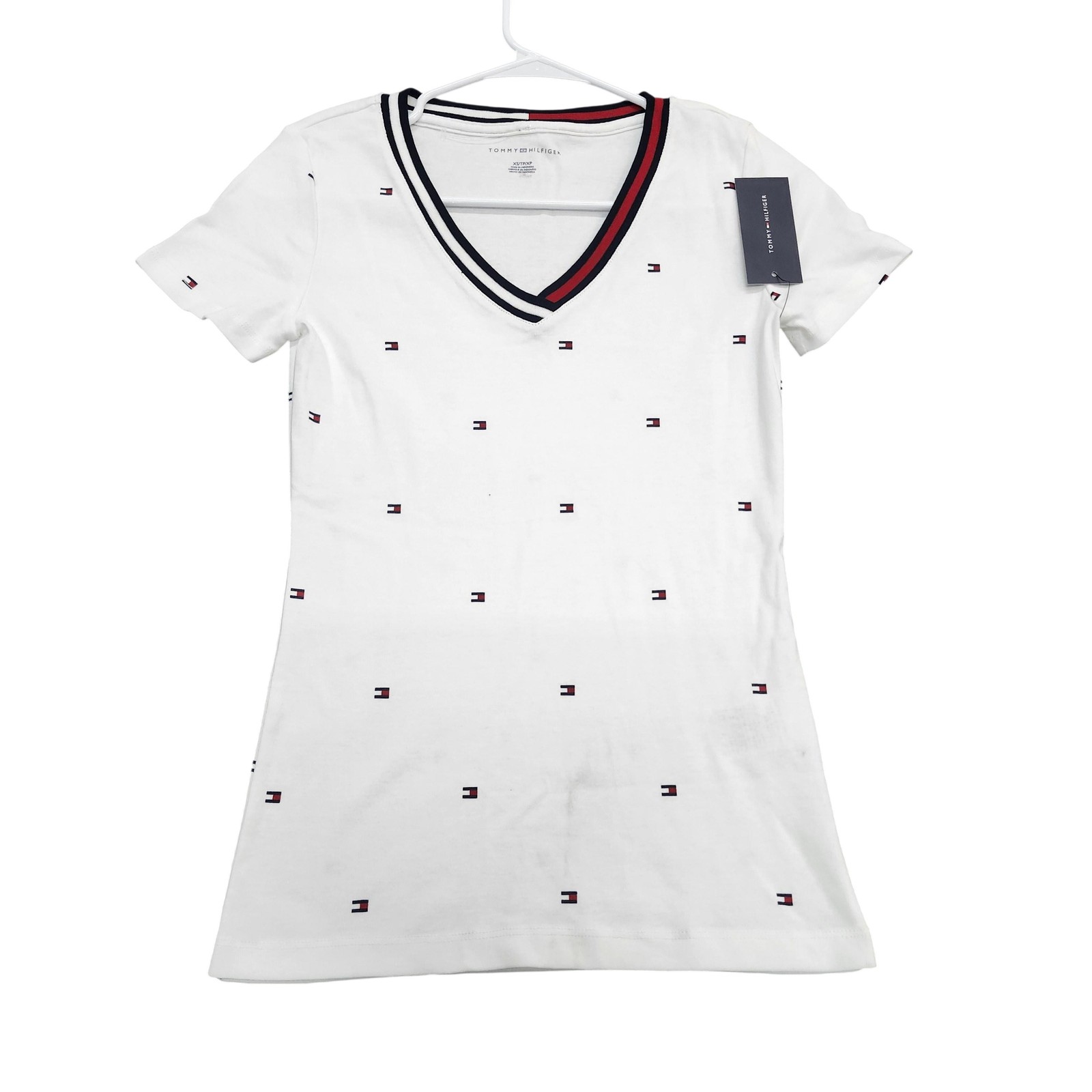 Tommy Hilfiger Shirt Womens XS White Logo V Neck Slim Fit Tee Top Embroidered