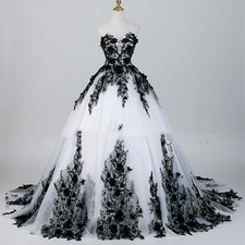 Vestido de novia de encaje negro blanco tul sin tirantes largo cola vestido de novia