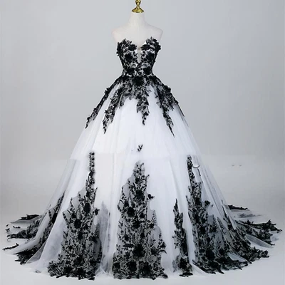 Schwarze Spitze Brautkleid Weiß Tüll  Strapless Lang Schleppe Hochzeitskleid - Bild 1 von 4