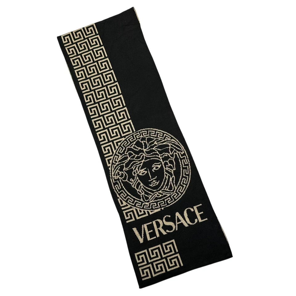 Versace Scarf Black Beige Medusa Greca Key Reversible Wool Knit 72" x 12" - Image 2 of 4