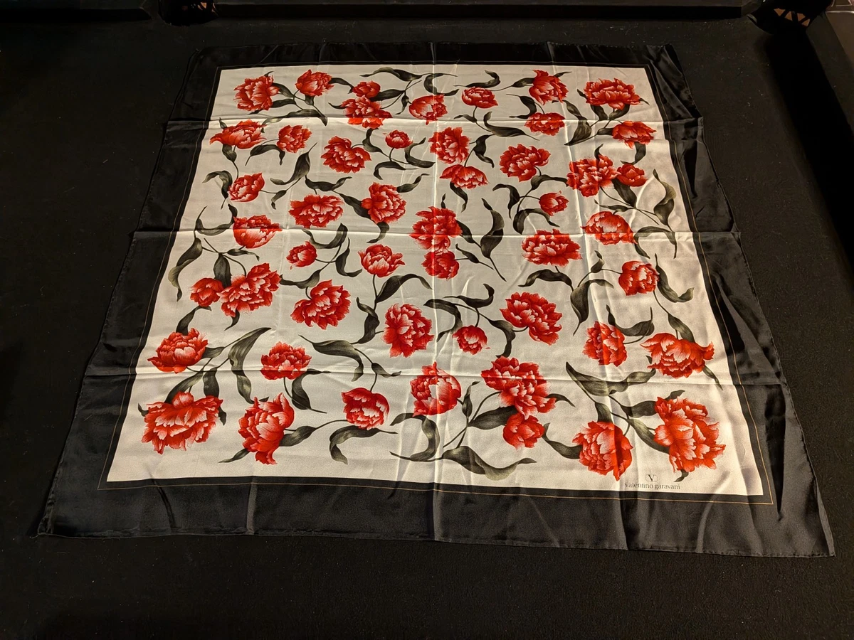 Foulard Valentino 100% Soie Vintage 82x86 Cm - Noir, Occasion, Foulard Carré Ou Bandana