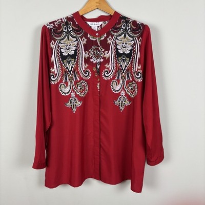 Ulla Popken Blouse Top Women 16/18 Red Scarf Print Paisley Button Up Long Sleeve