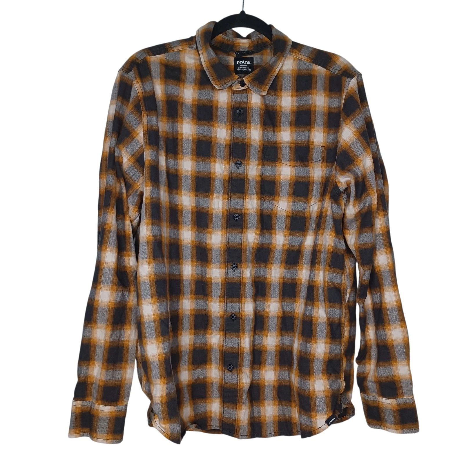 PrAna Shirt Mens Sz M Brown Orange Plaid Flannel Button Up Standard Fit Outdoor