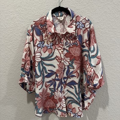 BiBi Floral Button Front Blouse Red Blue Ivory Size L Rayon Nylon