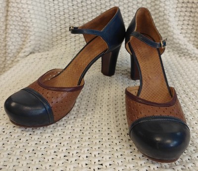Chie Mihara Women's Blue/Brown Perf Leather Adjustable Pump Heels 78927, Size 39