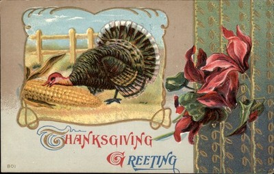 Thanksgiving Turkey and Corn Animals Embossed c1900s-10s Vintage Postcard