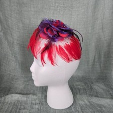 Women's Clip On Fascinator Adorned with Feathers and Flower Petals Red Purple