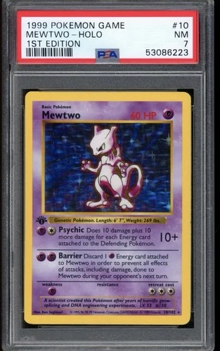 1999 Pokemon 1st Edition Shadowless Mewtwo Base Set Rare Holo #10 PSA 7 NM