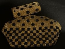 Neiman Marcus Vintage Beaded Gold Black Zipper Clutch Purse  Lipstick Case Set