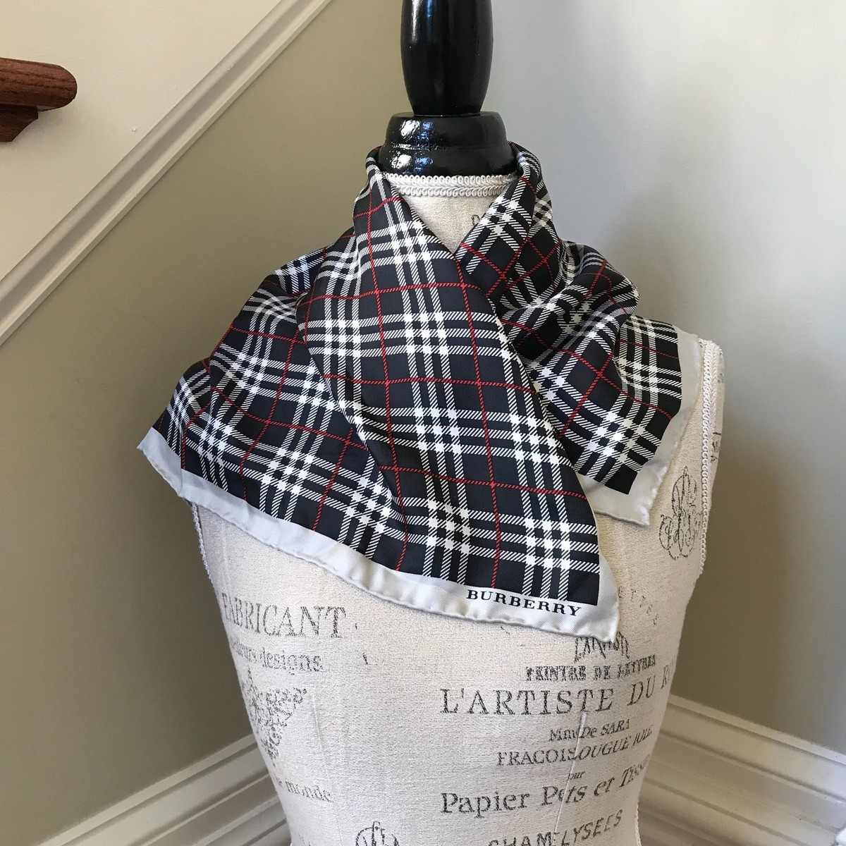 Vintage Burberry Silk Scarf Wrap Square Black Red Plaid 