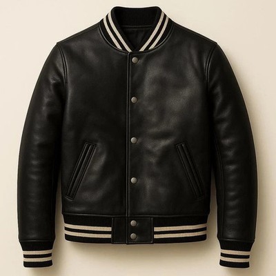 Men's New Collection Black Leather Varsity Jacket - Black Varsity Bomber Jacket