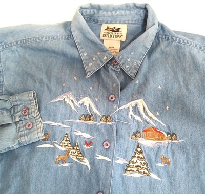 Northern Reflections VTG Denim Womens Shirt Sz M Mountain Snow Deer Cabin Winter