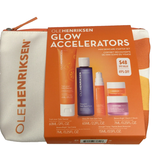 OLE HENRIKSEN GLOW ACCELERATORS 5PC SKINCARE STARTER SET MINI CANVAS POUCH 2023