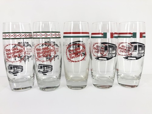 Set of 5 Vintage 6 ½” Old Spaghetti Factory Glasses Italian Soda Flag Streetcar - Picture 1 of 12