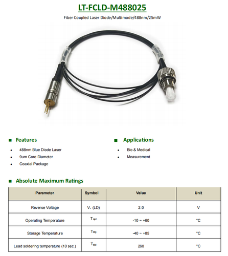 Laserbaum 488 nm 25mW Multimode fasergekoppelte Laserdiode Faserkern Durchmesser 9 μm - Bild 2 von 6