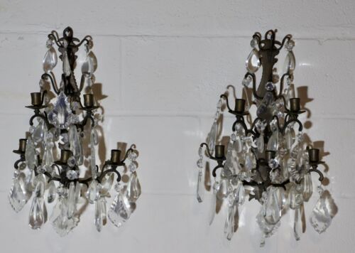 Pair 1920's Crystal 5 Candle Holders Wall Sconces