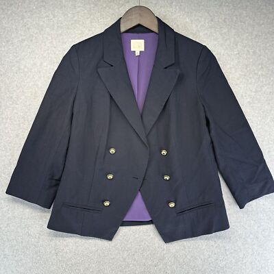 Anthropologie Fibonacci Womens Navy Blazer Jacket Cropped Size 4 Crest Buttons