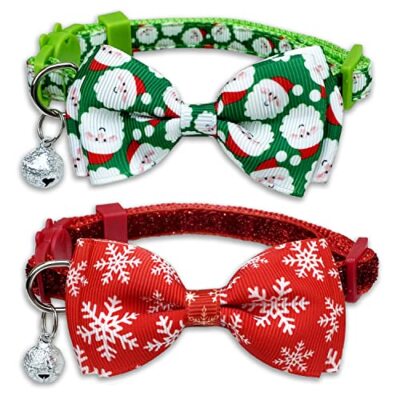 2 Pack Christmas Cat Collar with Bow Tie and Bell, Kitty Kitten Santa Claus 