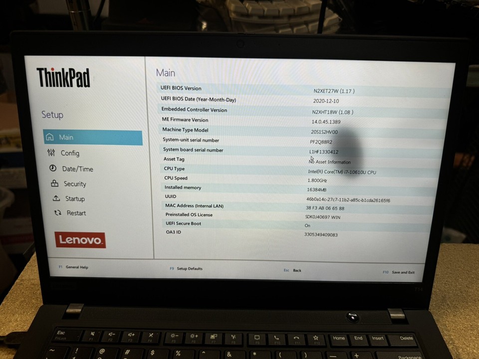 Lenovo Thinkpad T14 GEN1 Core i710610U 16GB RAM NO SSD Broken Screen