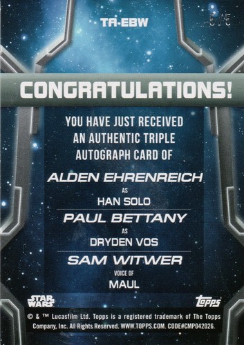 Star Wars Holocron 2020, Ehrenreich / Bettany / Witwer Triple Autograph Card 5/5 - Picture 2 of 2