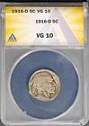 1916-D 5c Indian Head Buffalo Nickel VG 10 ANACS # 7696556 + Bonus