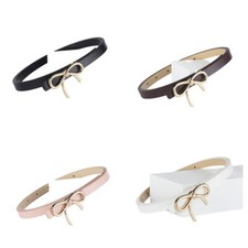 Women's Solid Gold Metal Bow Buckle Skinny Faux Leather Belt Narrow Waistband