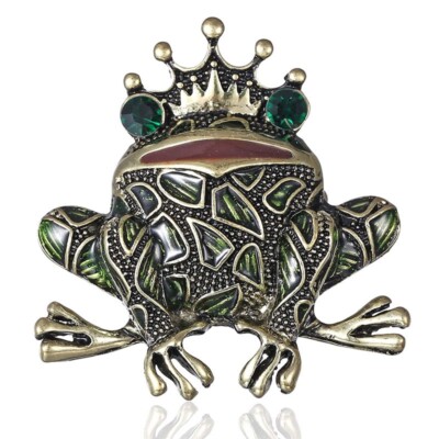 Green Eyed Frog Brooch Vintage Rhinestone Enamel Crown Toad Animal Lapel Pins