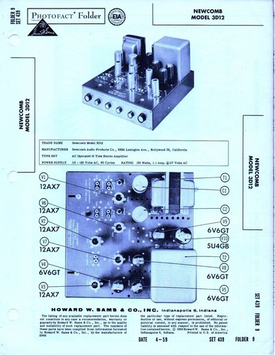 1959 NEWCOMB 3D12 STEREO AMPLIFIER AMP TUBE SERVICE MANUAL PHOTOFACT SCHEMATIC - 第 1/1 張圖片