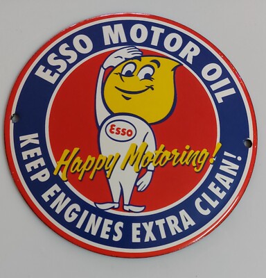 Esso HAPPY MOTORING Emaille Schild Neu Werkstatt Garage Türschild 12cm Rund