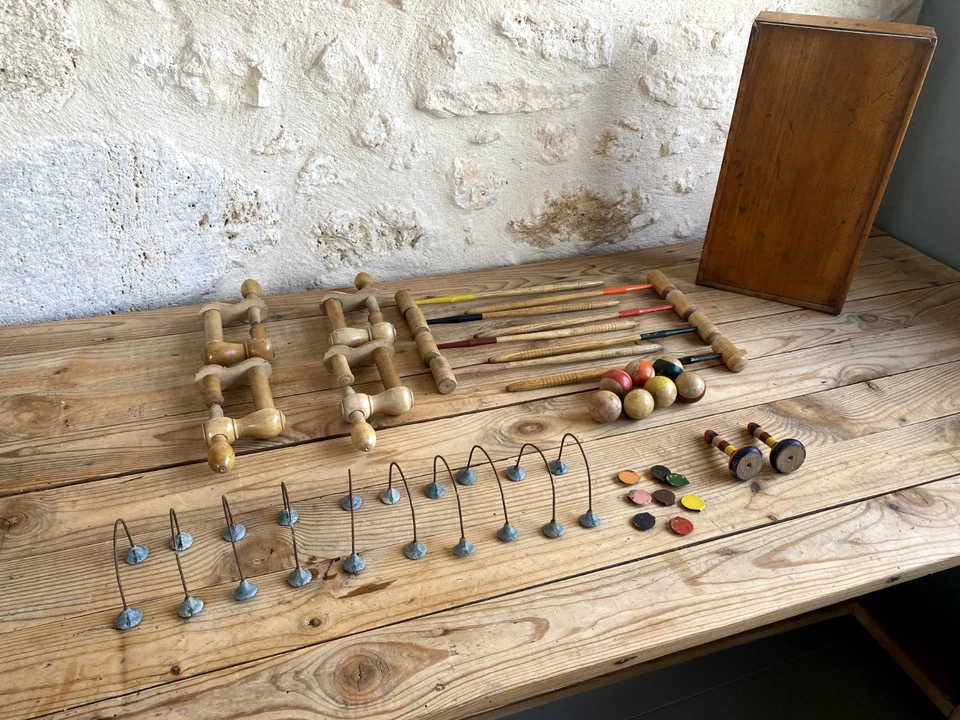 Jouet ancien en bois: Jeu de croquet miniature de table, salon - Photo 2/4