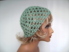 NEW MINT GREEN SPARKLE OPEN WEAVE BEANIE HAT HAND MADE CROCHET BERET SKULL CAP