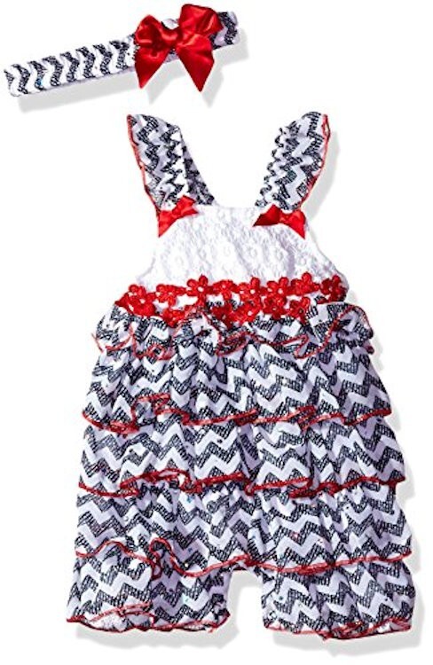 NWT Little Lass Baby Girls Patriotic 4th of July Ruffle Romper & Headband 9 M