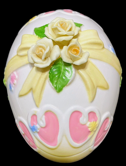 Vintage Lefton Easter Egg Trinket Dish Bisque Applied Yellow Roses on Lid