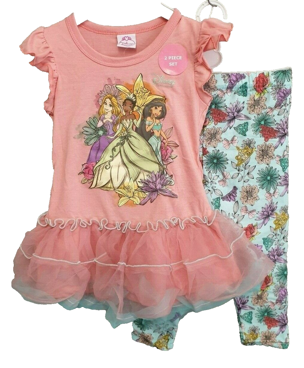 BNWT Girls Sz 2 to 3 Disney Princess Print Pink 2 Piece Dress Top Leggings  Set | eBay
