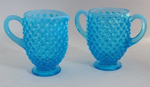 Vintage Fenton Hobnail Blue Opalescent Milk Glass CREAMER & SUGAR Set B364243