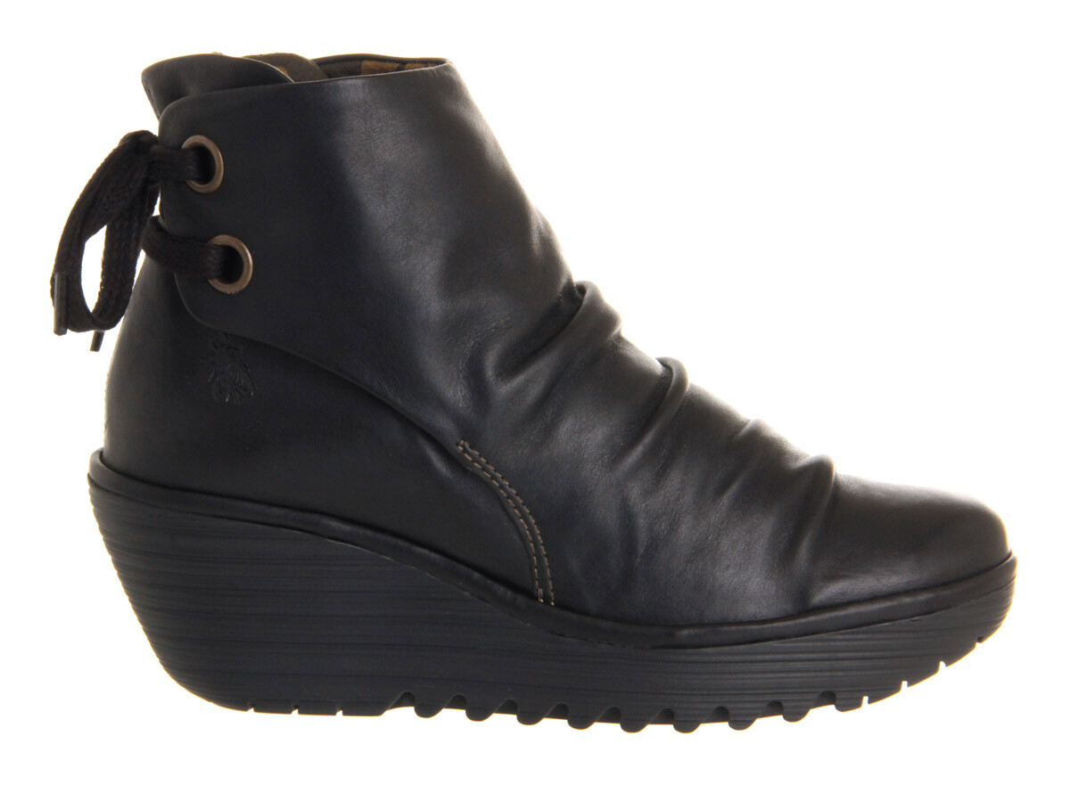 FLY LONDON YAMA TOUCH BLACK LEATHER PLATFORM WEDGE BOOTS UK 4 EU 37 US 6 RRP£110