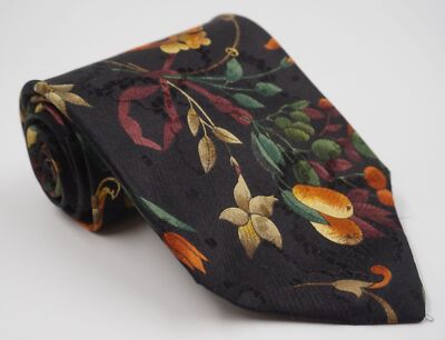 Leonard Paris Tie Black Green Floral Ornaments 100% Silk Like New
