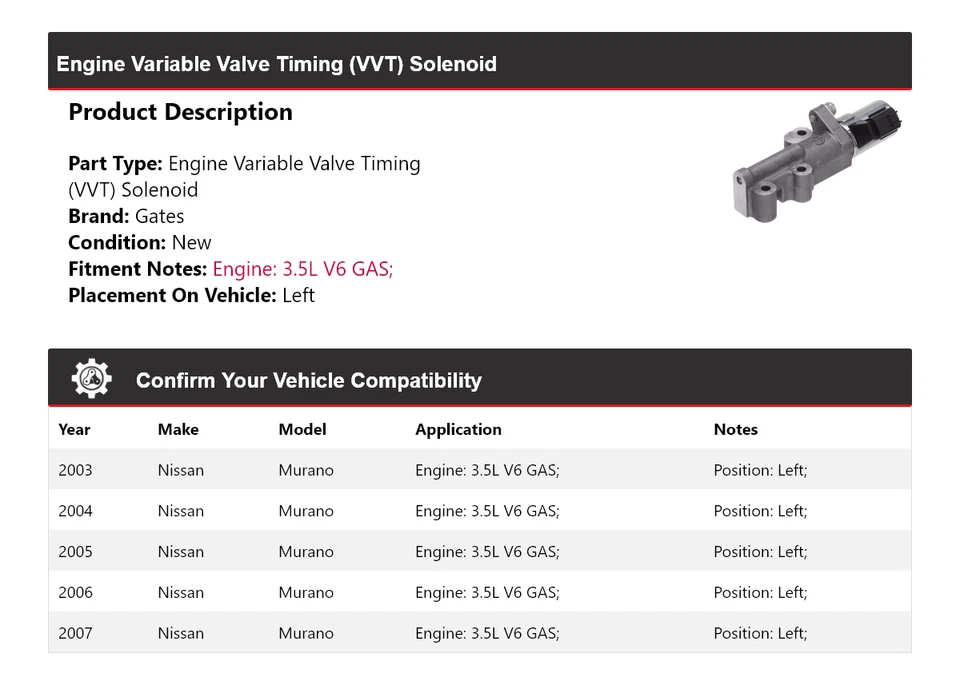 Para Nissan Murano 2003-2007 3,5 L V6 motor de gas VVT solenoide puertas izquierdas 2004 2005 Foto 2 de 4