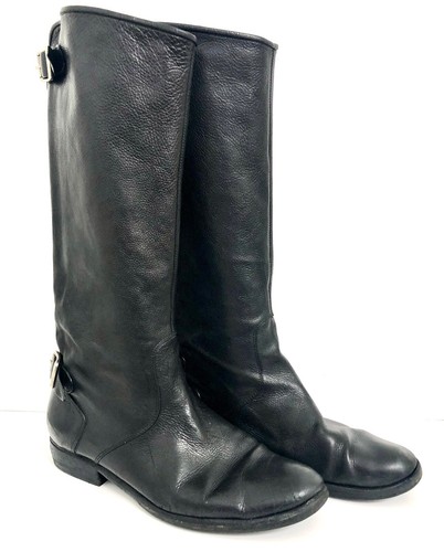 Roberto Del Carlo BLACK Leather Riding Boots Back Zip Buckles Low Heel Women's 8 - Picture 2 of 13