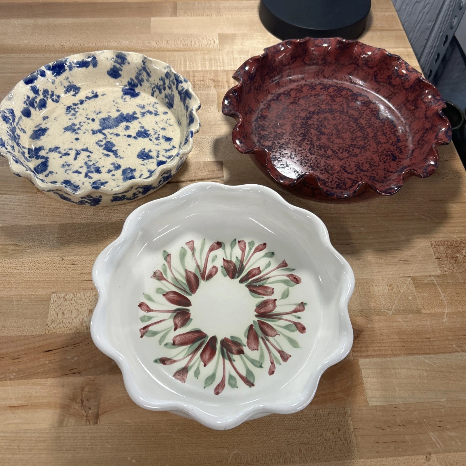 Vintage Studio Pottery Stoneware Pie Pan Quiche Pan, Lot of 3, signed