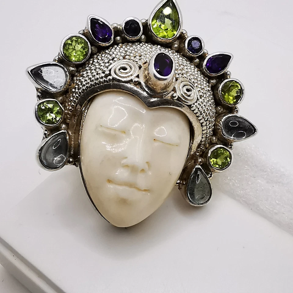 Bali Göttin Sajen Silber Ochse Knochen mit Edelsteinen Damenring Ring 925 Silber - Bild 4 von 4