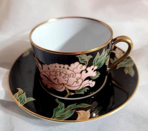 VTG Fitz and Floyd Cloisonne Peony Black Cup & Saucer Perfect Condition Asian