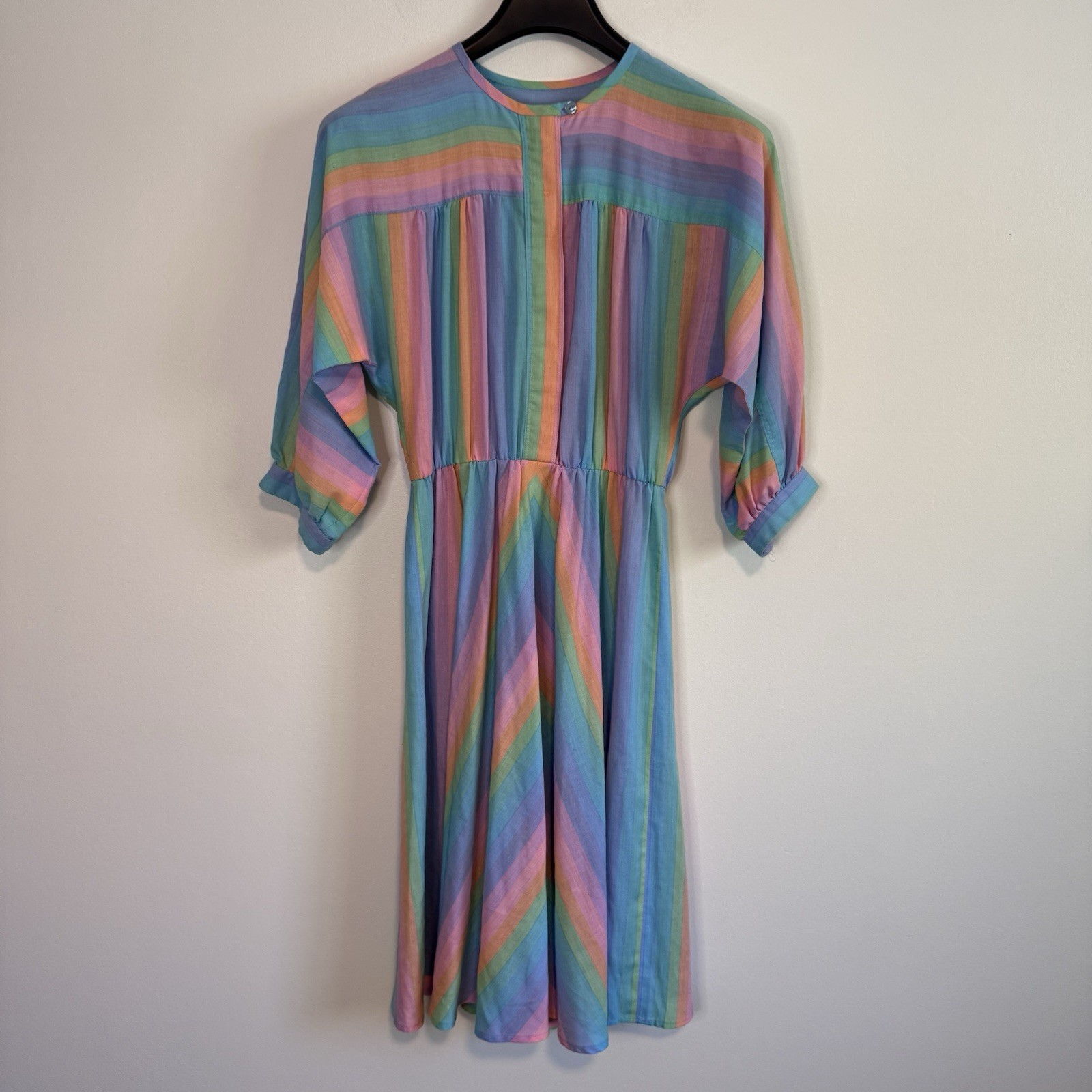 VTG 80s Pastel Candy Stripe Shirt Dress Midi Secretary Retro 3/4 Sleeve Womens