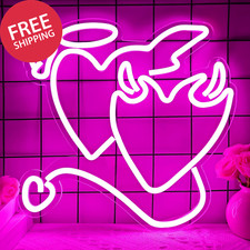 Angel Devil Neon Signs Pink Heart Led Sign for Bedroom 14''X13’’ Acrylic Love Ne